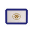 A silicone baking mat in white with a blue border and a circular logo in the centre.