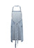A blue denim apron features an open front, adjustable straps, and side pockets, with a logo on it.