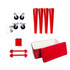 A red 75L cooler box with two hinged lids, four red legs, wheels, brackets, and assembly instructions.