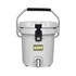 A grey ice bucket with a black handle and a metal tap at the bottom, featuring a logo on the front.
