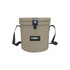A 12L ice bucket in khaki colour with a handy rope and a logo on the front.