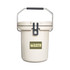A cream-coloured ice bucket with a black handle and a logo on the front.