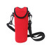 A drink bottle cooler in vibrant red with black accents and a detachable strap. It features a logo on its surface.