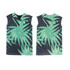 A drink bottle cooler featuring a green tropical leaf design with a sleeveless shape and a black interior.