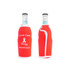 A drink bottle cooler in red with a white trim and a logo, designed for standard beverage bottles.