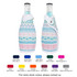 A drink bottle is wrapped in a pastel patterned cooler with shades of pink, blue, and white, featuring a logo.