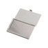 A stainless steel business card holder with a sleek, metallic finish and a foldable design. It features a brand logo.