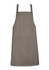 A khaki apron with adjustable straps and a front pocket, featuring a logo. Suitable for various workwear settings.