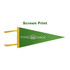 A green felt pennant with yellow ties and a logo printed in the centre.