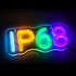 A vibrant Neon LED sign featuring the colours yellow, green, and purple, with an IP68 designation, and a logo.