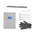 A set of tools including a glove, metal stakes, zip ties, an Allen key, and a clear bag with a logo.