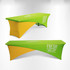 A green and yellow stretch tablecloth designed for a 6ft table, featuring a logo and a fitted style.