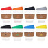 A range of 12 oz reusable glass coffee cups with cork bands, featuring assorted lid colours: red, orange, black, grey, green, blue, and yellow.