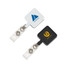 A square retractable card holder in white and black, featuring two logos and a clear strap for attachment.