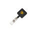 A square black retractable card holder with a clear badge attachment and a logo.