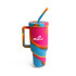 A drink bottle featuring a vibrant pink, blue, and yellow swirl design with a handle and a straw, including a logo.