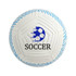 A white soccer ball with a blue and white design and a logo featuring a football and the word "SOCCER".