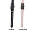 A black and a pink square smart band, each with different printing styles. The bands have digital displays and a logo.