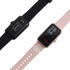 A square smart band in black and a pink variant, featuring a digital display and a logo on the band.