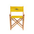 A director's chair with a yellow fabric seat and backrest, featuring a logo, and wooden frame.