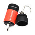 A rechargeable LED torch in red and black, featuring a keyring attachment and a protective cap.