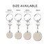 A set of metal keyrings featuring coin-sized discs in four different diameters, each with a silver finish.