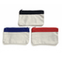 A trio of canvas pencil cases in navy, royal blue, and red, featuring a cream-coloured body. Each has a zip closure.