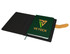 A green Carnival A5 portfolio with a logo, featuring a black cover and a tan elastic band closure.