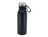 A drink bottle in black with a stainless steel lid and a carrying loop, designed as a vacuum flask.