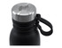 A drink bottle featuring a stainless steel lid and a black body. It has a handle and includes a logo on the lid.