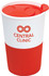 A coffee mug featuring a red lid and ribbed red base with a white upper section. Includes a logo on the front.