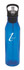 A drink bottle in blue with a clear straw and a black cap, featuring a logo on the side.