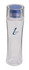 A drink bottle made of clear plastic with a blue lid and featuring a logo on the side.