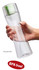 A drink bottle featuring a clear body with a green cap, designed for easy grip. It has a logo but is BPA free.