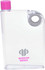 A drink bottle with a clear body, pink cap, and grey detail, featuring a logo on the front.