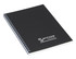A black A5 spiral notebook with a branded logo on the cover.