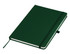 A dark green A5 notebook with a textured cover, elastic closure, and a ribbon bookmark. Features a logo on the cover.