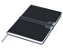 A black A5 notebook with a grey bookmark and an elastic closure, featuring a pocket on the cover.