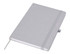 A grey recycled notebook with an elastic band, featuring a bookmark and a subtle logo.