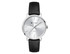 A ladies dress watch featuring a silver dial, black leather strap, and a logo on the face.