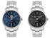 A casual dress watch with a stainless steel strap, featuring a blue and a black dial design. Both have branding.