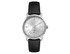 A silver watch with a minimalist dial and a black leather strap, featuring a logo on the face.