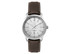 A silver ladies casual dress watch with a brown leather strap and a minimalist face design. It features a logo.