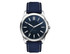 A unisex solar watch featuring a navy blue face and rPET strap, with a silver stainless steel case and a logo.