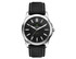 A black solar unisex watch featuring a sleek black face and a rPET strap, with a silver stainless steel case.