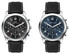 A unisex Chrono watch with a black leather strap, featuring two dial options: black and blue. Each has a branded logo.