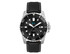 A sports watch featuring a black leather strap and a stainless steel case with a black dial and white details.