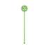 A green cocktail drink stirrer with a circular top and a ball-shaped end, featuring a logo.