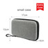 A small grey case with a zip closure and a hook, measuring 17cm by 10cm by 4cm.