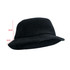 A black terry towelling bucket hat with a wide brim and soft texture, featuring a logo. Dimensions indicated.